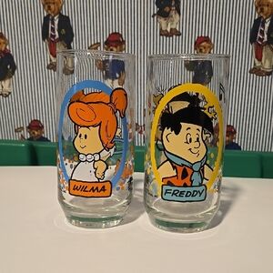 Vintage Wilma and Freddy Cartoon 1986 Glass Set